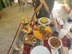 Veggie kebab, eggplant spread, veggie kofte, lentil soup, spicy  bread at Mozaik Bahce in Fethiye