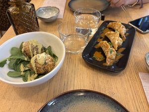 arancini au shiitake + gyoza  at Bloom Sushi in Lyon