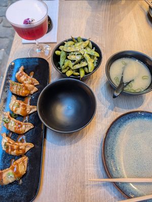 Appetizer miso soup, edamame and gyoza at Bloom Sushi in Lyon