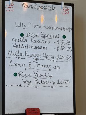 Specials (not in print menu)  at Lepakshi Authentic South Indian Restaurant in Guelph