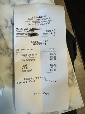 Receipt   at Lepakshi Authentic South Indian Restaurant in Guelph