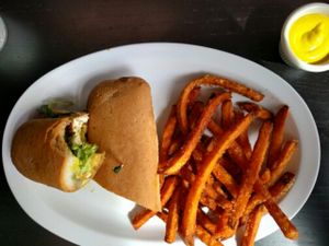 Jamaican Jerk Sub w Fries at Avocado Vegan Cafe in Alpharetta