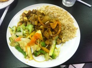 Caribbean curry with brown rice and stir-fry veggies at Avocado Vegan Cafe in Alpharetta