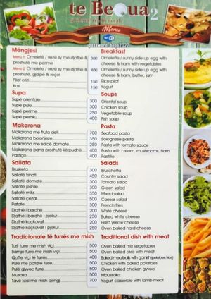 Menu side 1 at Te Bequa 2 in Sarande