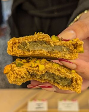 Gluten free stuffed cookie. This one's pistachio 🌱 at Mozi Bakes - Pop Up in Amsterdam