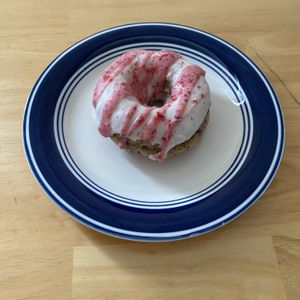 One if their available donuts - vanilla with berry glaze! Had it to go. It was soft and tasty💕 at Seedz Cafe in St Louis