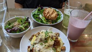 Eggz, salad, and a gluten-free patty at Seedz Cafe in St Louis