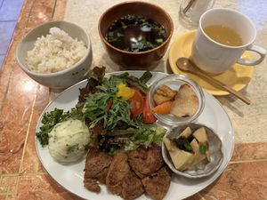 Meal with hot lemon drink.   at Kitten Company in Kyoto