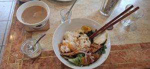 Soy masala chai and soy meat rice ball at Kitten Company in Kyoto