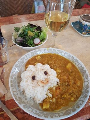 curry with salad and wine at Kitten Company in Kyoto