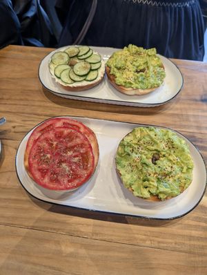 Clockwise from top left: Cucumber Dill, Avocado Spread, Avocado Spread, Big Fat Tomato at Brooklyn Bagels in Da Lat