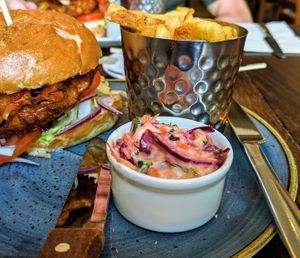Vegan sweetcorn fritter and BBQ jackfruit burger at The Queens Hotel in Lytham St Annes
