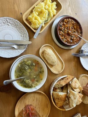 Veg soup, mash, and eggplant dish  at Kessane in Akhaltsikhe