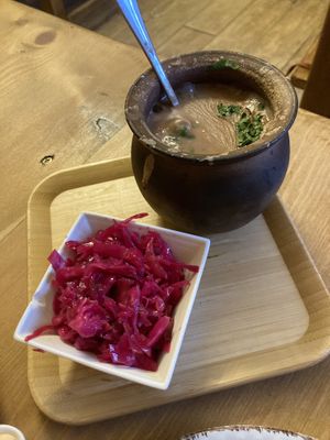 Beans in a pot and pickled cabbagee was  at Kessane in Akhaltsikhe