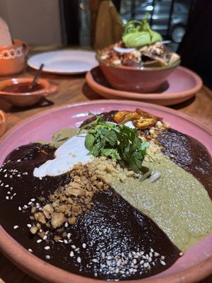 Emboladas pintas- all three moles. My favorite was the mole verde!  at Na Tlali - Reforma in Mexico City