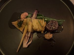 Tofu, Endive, Greens, Potato Mille-feuille, carrot and cauliflower  at Em Carne Viva in Porto