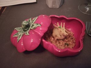 Cherry tomato tempura with tomato rice at Em Carne Viva in Porto