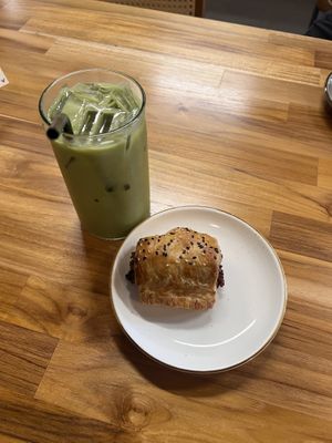 Nitro matcha and breakfast sausage roll  at Sevens in Buffalo