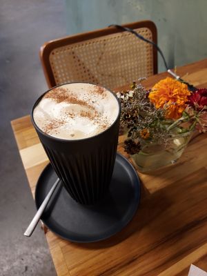 Seasonal fall latte with nutmeg, brown sugar, other stuff, and cold foam on top. at Sevens in Buffalo
