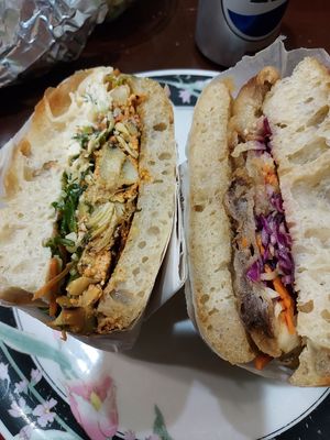 Go Bills sandwich on the left, eggplant Wasabi on the right, fresh foccacia at Sevens in Buffalo