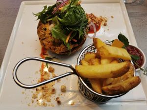 Homemade chickpea burger + chips main at Jacobs on the Mall in Cork