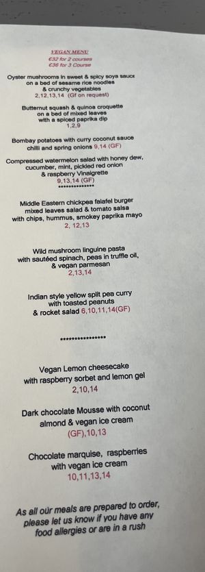 Vegan Menu  at Jacobs on the Mall in Cork