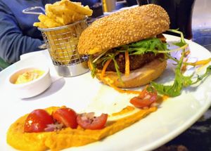 Falafel burger with chips at Jacobs on the Mall in Cork