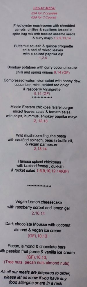 Vegan menu at Jacobs on the Mall in Cork