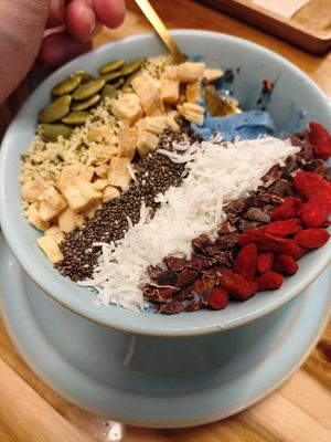 Got the Spirulina blue smoothie bowl. Was delicious!!! at Tasty+ in Okayama