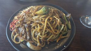 Satay udon noodles with “duck"  at Brother Bon in Northcote