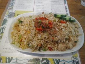 Chilli basil fried rice, with "chicken".
You can choose between tofu, chicken, tempeh and duck. The tofu and tempeh are gluten-free. at Brother Bon in Northcote