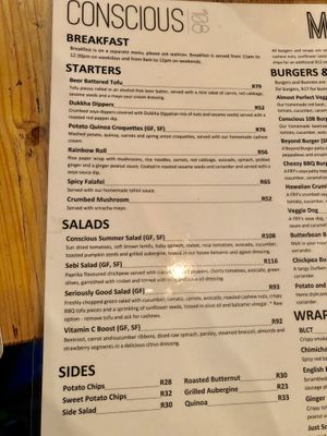 Sample menu page 1 at Conscious 108 in Johannesburg