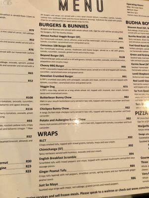 Sample menu page 2  at Conscious 108 in Johannesburg