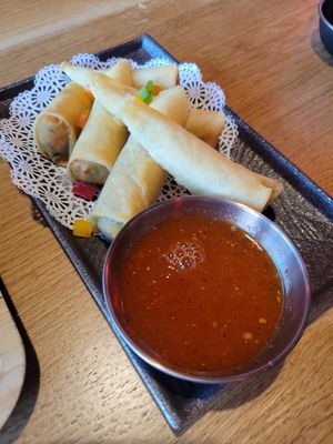 Vegetable "egg" rolls, the sauce is amazing!! at Nana's Dim Sum and Dumplings in Aurora