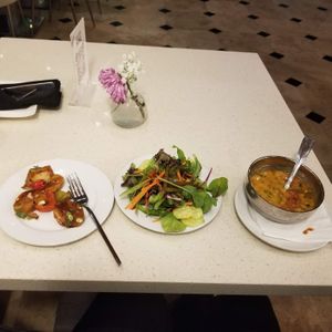Salad, lentil soup, and potatoes from all you can eat salad bar.  All vegan and gluten-free. at Tabla Indian - Winter Park in Winter Park