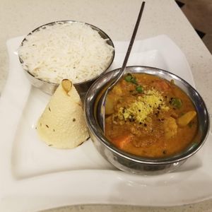 Madras vegetable curry, papadum (lentil cracker), white rice.  All vegan and gluten-free. at Tabla Indian - Winter Park in Winter Park
