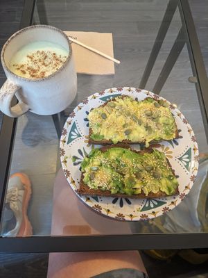 Avocado toast and Matcha. at VeggieSue in Santiago De Compostela