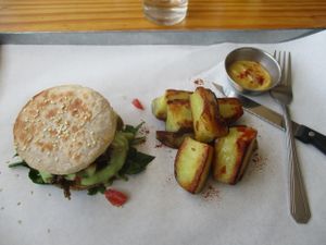 Chickpea burger with sweet potatoes and coriander sauce at Free Food in Johannesburg