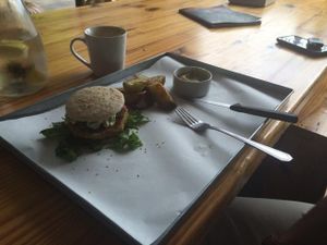 Chickpea burger with potato wedges at Free Food in Johannesburg