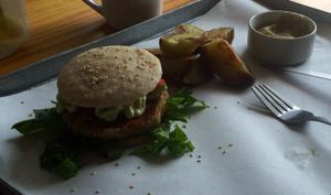 Chickpea burger with potato wedges at Free Food in Johannesburg