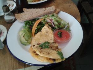 Vegan mushroom and onion pancake with avocado and toast (breakfast menu) at EZ and Moss in North London