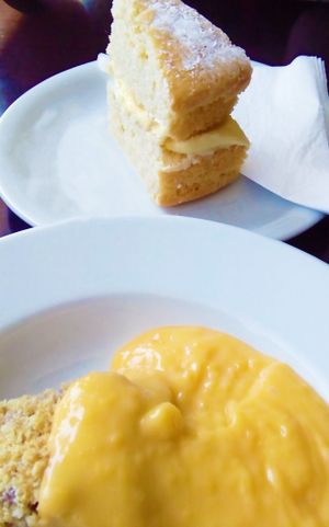 Crumble with custard and lemon cake (all vegan) at Smile Cafe in Portsmouth