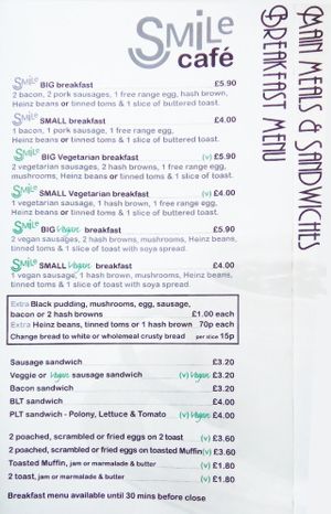 menu at Smile Cafe in Portsmouth
