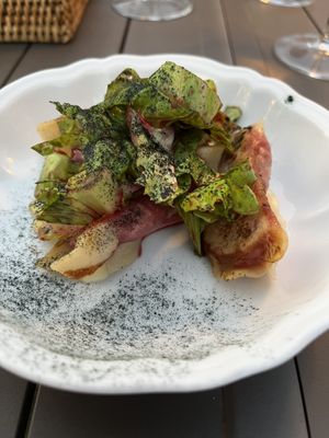 RAVIOLO TOSTATO, BARBE ROSSE, ERBETTE, LIMONE  at Fattoria Sardi Giustiniani in Toscana