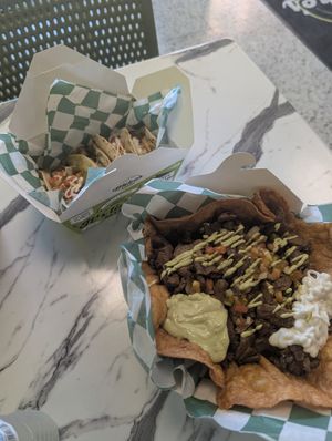 Steak salad and shrimp tacos at Mike's Vegan Grill in Winston-salem