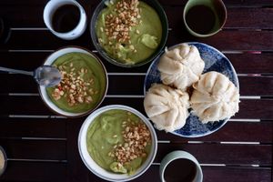 Smoothies bowl with vegan steam bun. at Chay Station in Da Lat