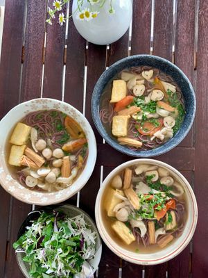 Noodle with Thai-style veggies soup at Chay Station in Da Lat