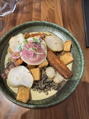 Vegan Option: red lentil Tofu  at Terra in Jasper