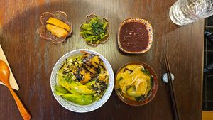 My solo lunch - Vegan Eel and avocado poke bowl set with miso soup, chick'n karage, greens and red bean congee dessert. at Zhi Su - 旨素 in Beijing