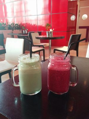 Matcha smoothie + Beetroot smoothie, yum! at Super Natural Kitchen in Dubai